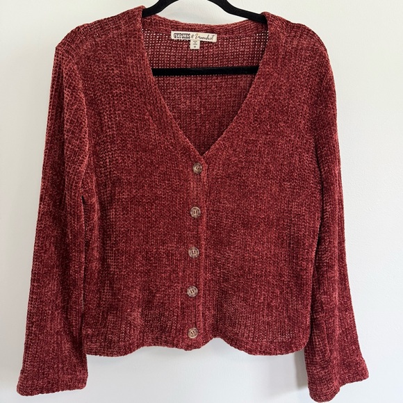 Gypsies & Moondust Burgundy Chenille Knit Button Cardigan Sweater Top - Picture 3 of 7